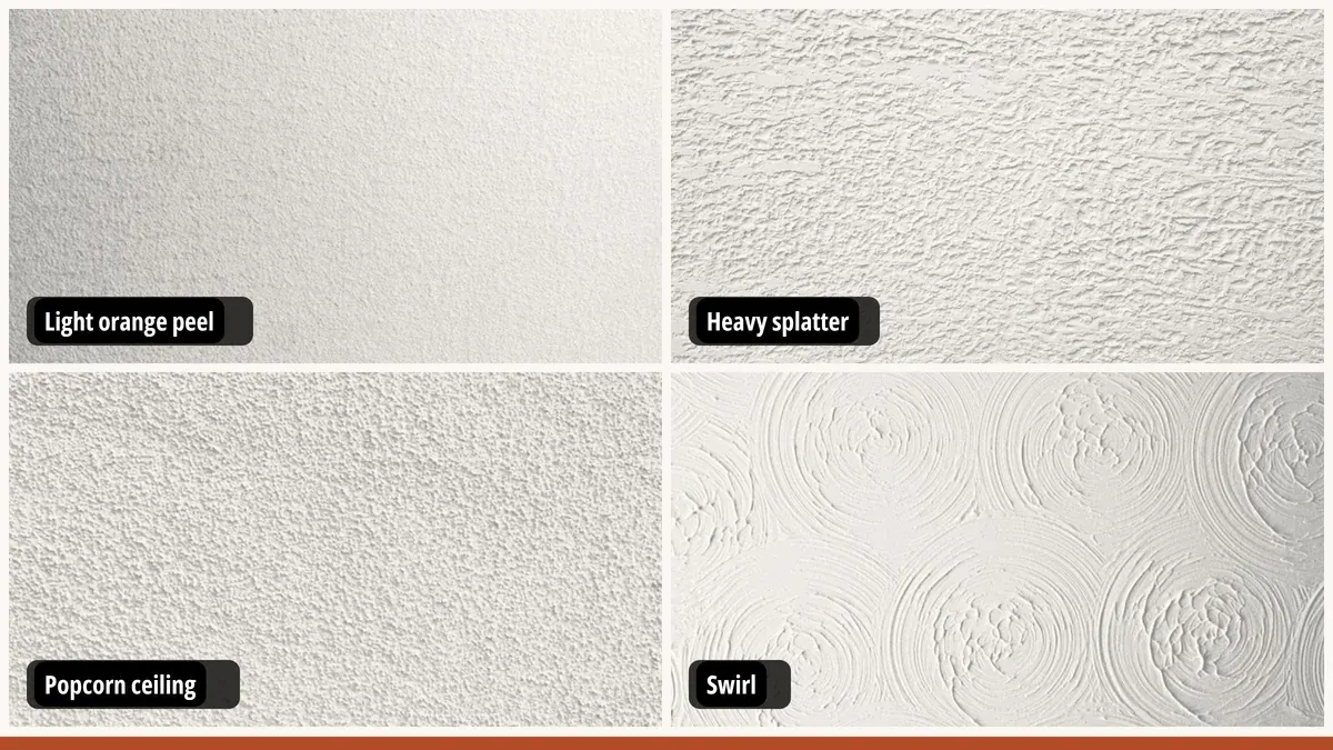 Four drywall textures in a grid, labeled light orange peel, heavy splatter, popcorn ceiling and swirl